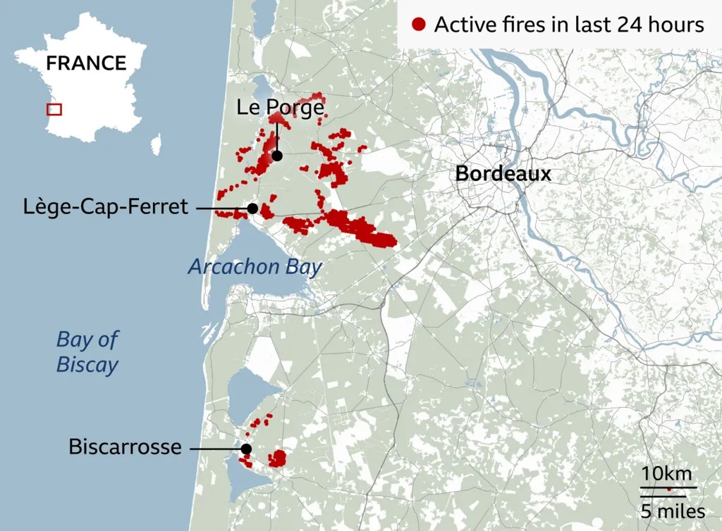Map showing active wildfires in south-west France over the past 24 hours, with major fire activity around Arcachon Bay, southwest of Bordeaux, and near Biscarrosse