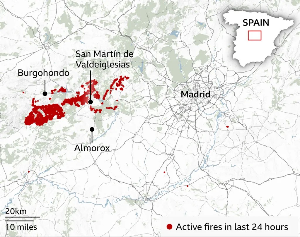 Map showing active wildfires in central Spain over the past 24 hours, with major fire activity west of Madrid near Burgohondo and San Martín de Valdeiglesias. Source: NASA FIRMS data, July 26, 2026