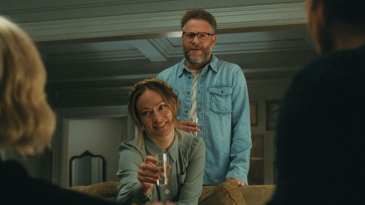 Olivia Wilde and Seth Rogen scene from ‘The Invite’ (Photo: A24, 2026).